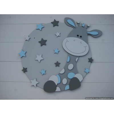 Houten muurdecoratie - Giraf Zazu op achterbord (rond) met bloemen/hartjes/sterren - lichtgrijs/zachtblauw (naam optioneel) (60x60cm)